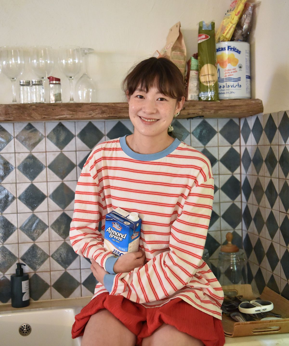 사유(SAYUU) 스트라이프 비스킷 긴팔 티 레드