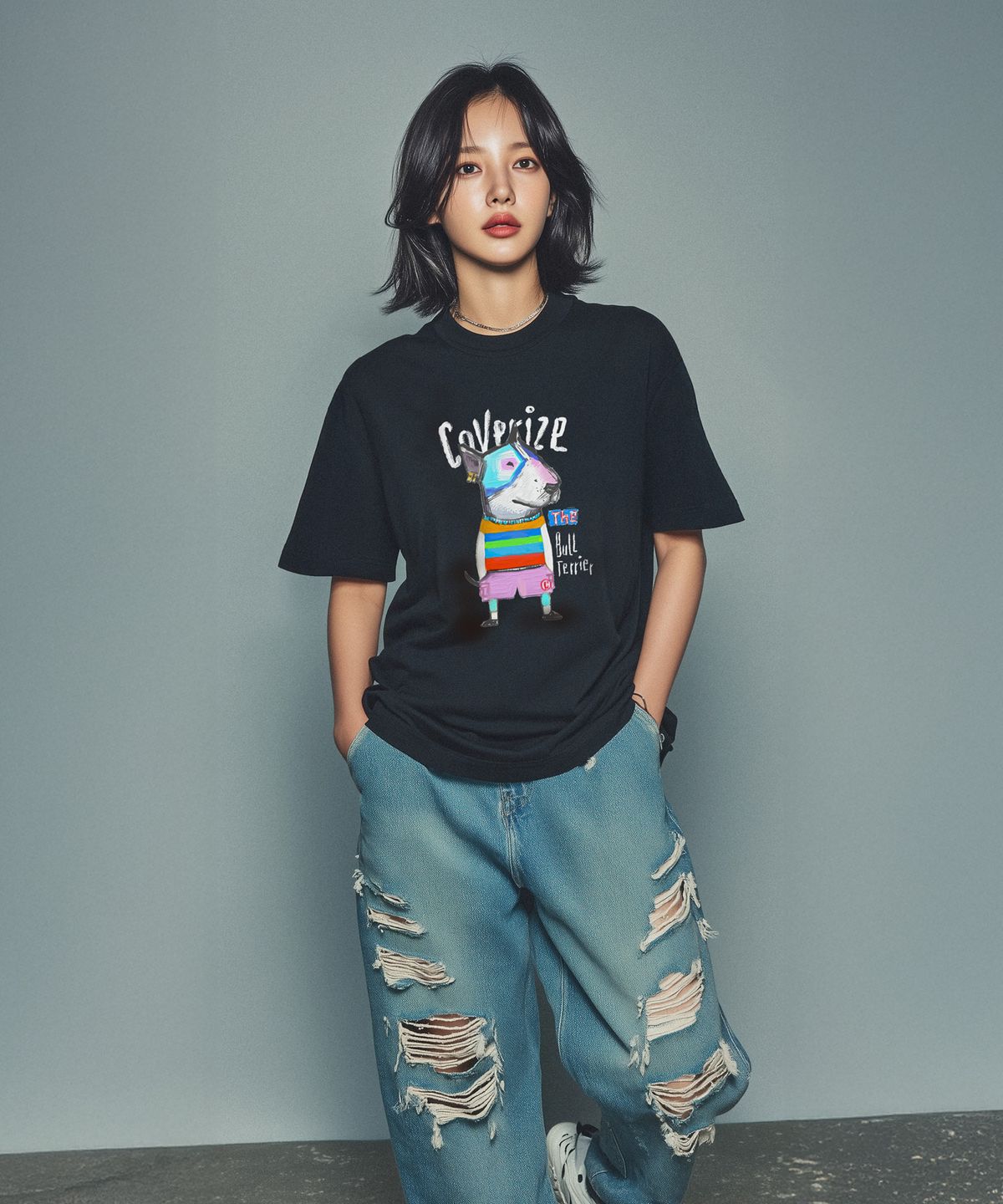 커버라이즈(COVERIZE) BULL TERRIER TEE_불테리어 캐릭터 티셔츠 (BLACK)