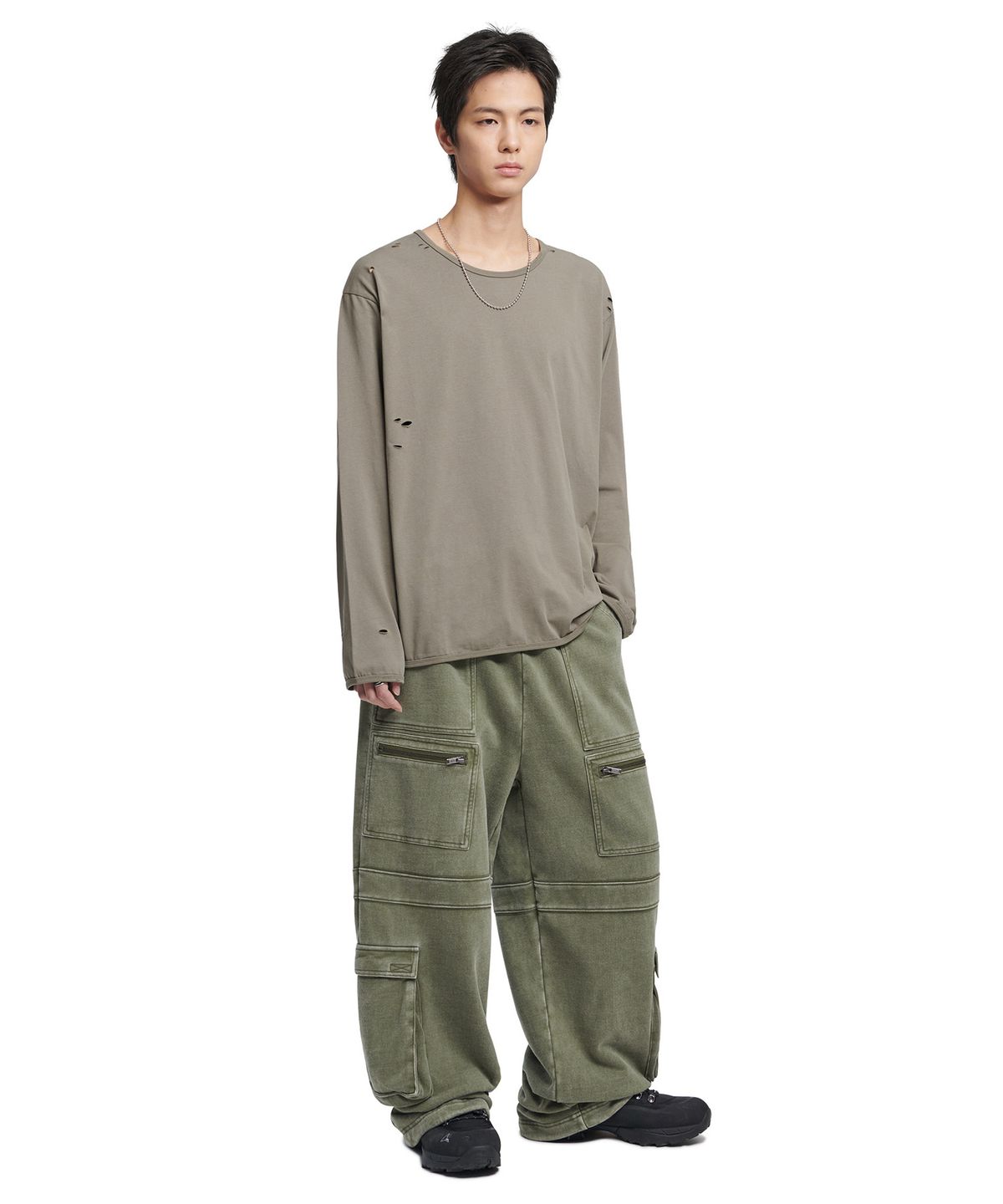 노매뉴얼(NOMANUAL) DAMAGED LONG SLEEVE TEE - WARM GRAY