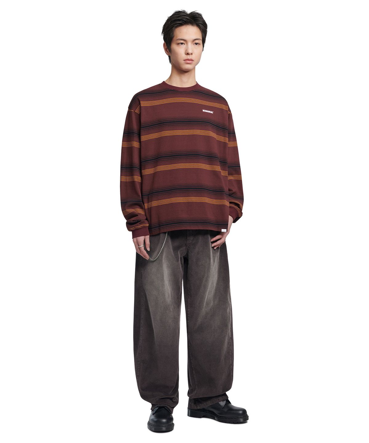 노매뉴얼(NOMANUAL) NM STRIPED LONG SLEEVE TEE - BURGUNDY