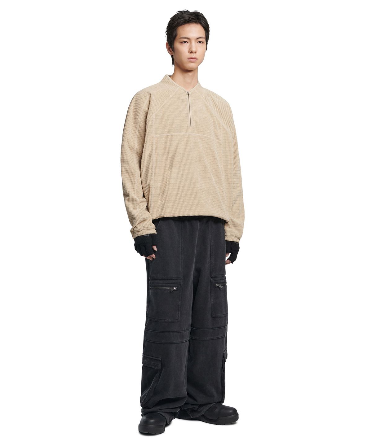 노매뉴얼(NOMANUAL) HEAVY WAFFLE HALF ZIP-UP - OATMEAL