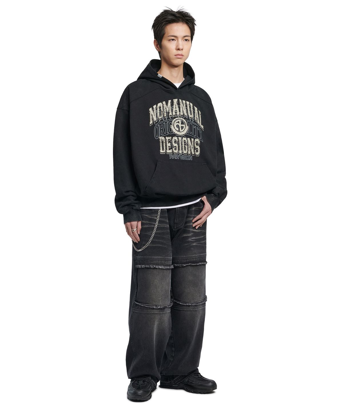 노매뉴얼(NOMANUAL) LAYERED ARCH GRAPHIC HOODIE - WASHED BLACK