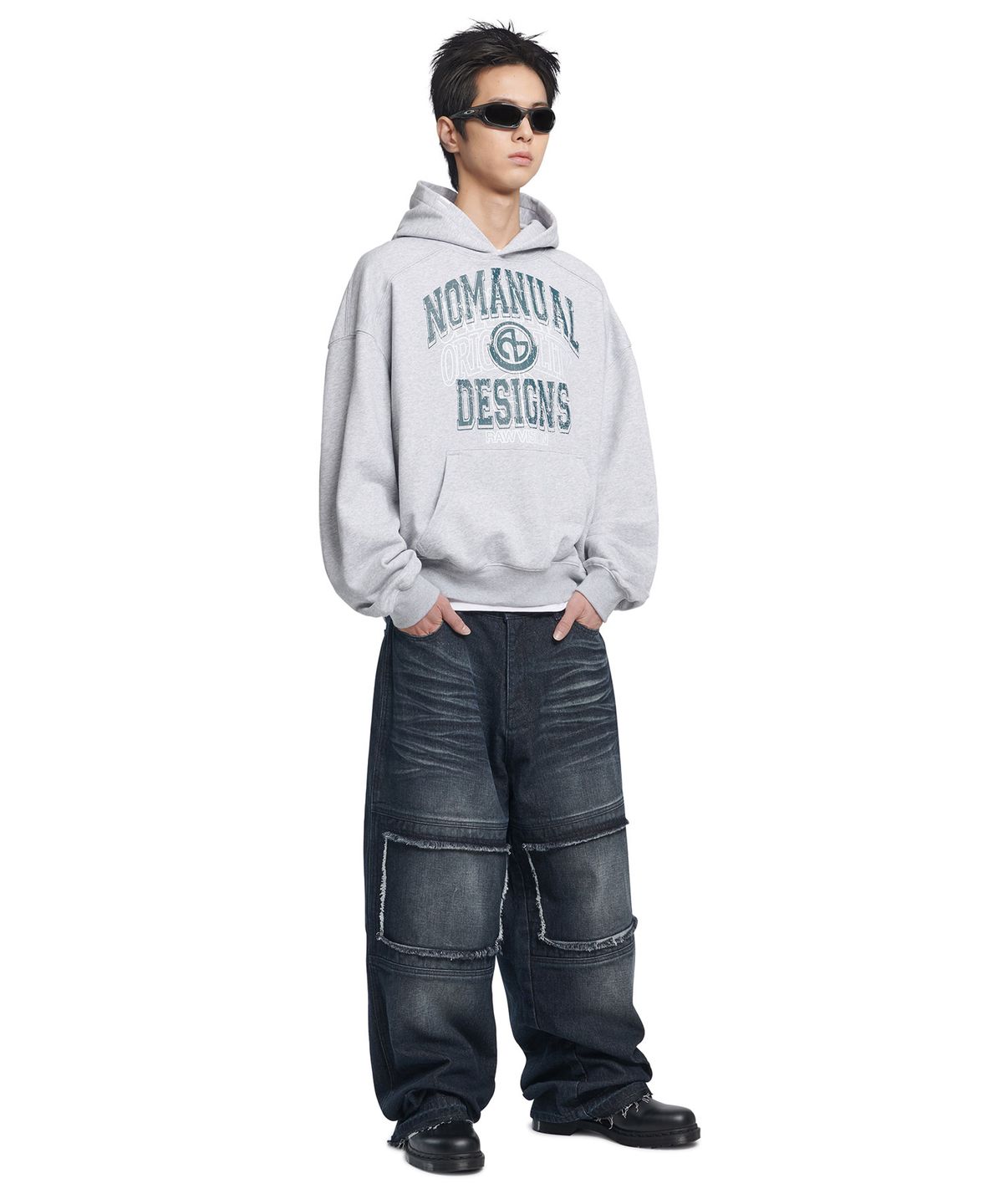 노매뉴얼(NOMANUAL) LAYERED ARCH GRAPHIC HOODIE - MELANGE