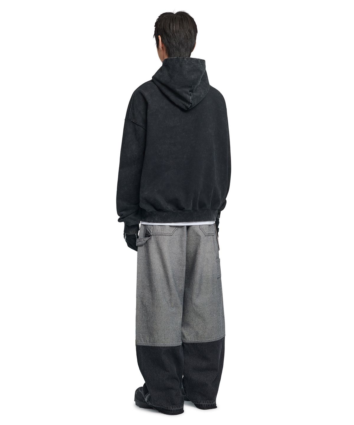 노매뉴얼(NOMANUAL) ENGINE GRAPHIC DAMAGED HOODIE - WASHED BLACK