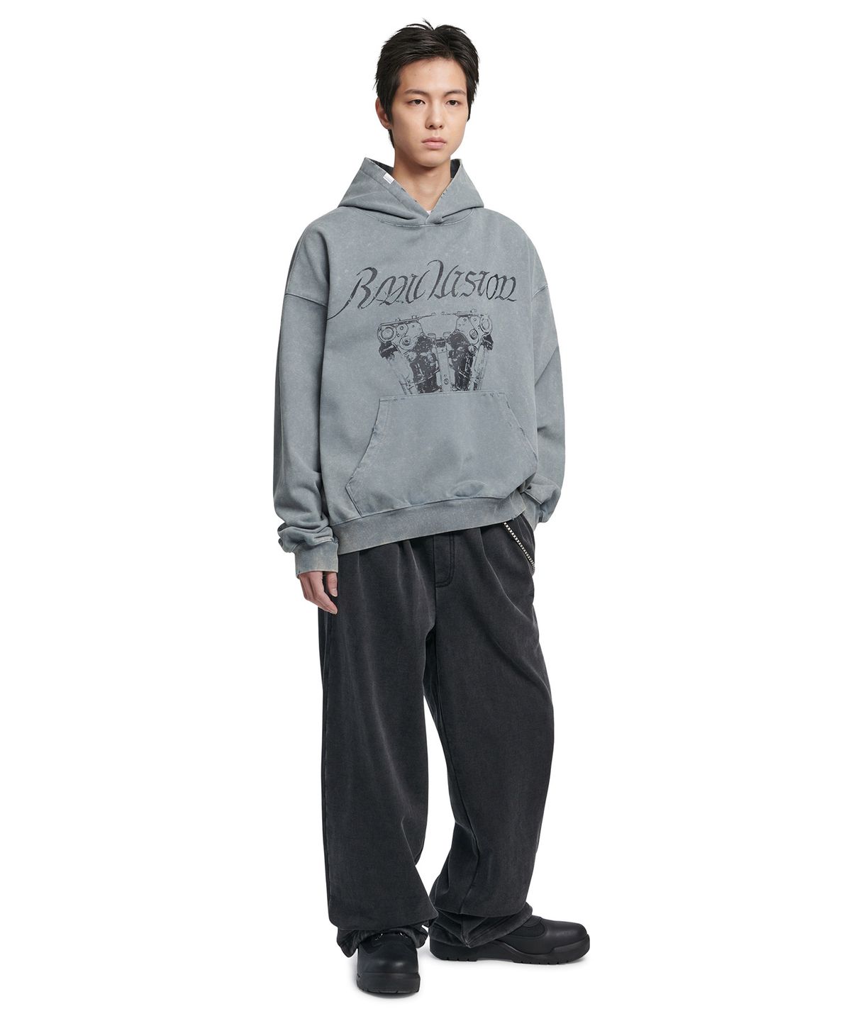노매뉴얼(NOMANUAL) ENGINE GRAPHIC DAMAGED HOODIE - WASHED BLUE