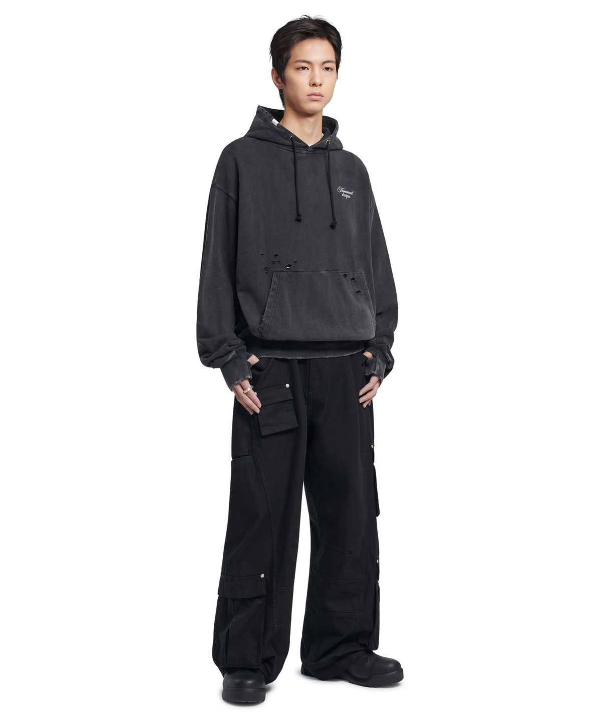 노매뉴얼(NOMANUAL) DAMAGED HOODIE - WASHED BLACK