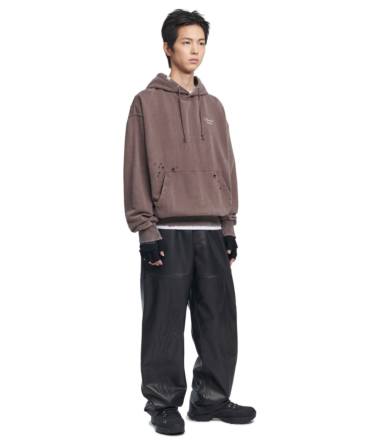 노매뉴얼(NOMANUAL) DAMAGED HOODIE - WASHED BROWN
