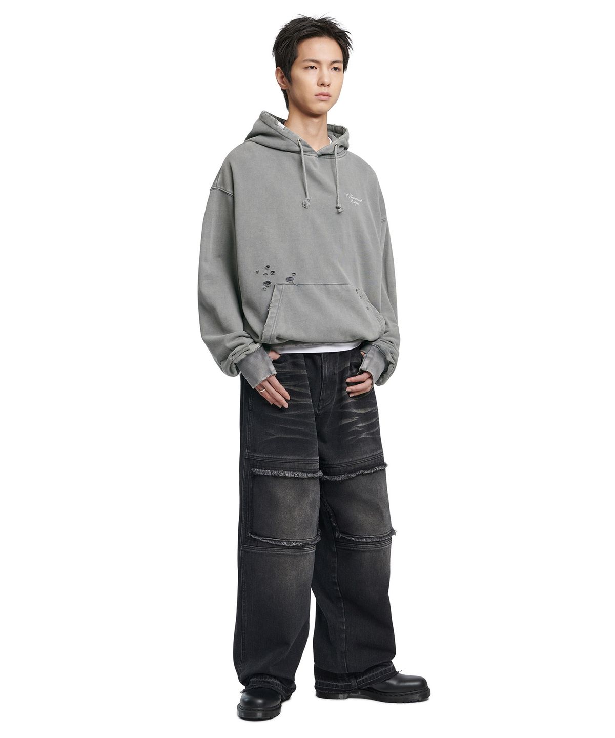 노매뉴얼(NOMANUAL) DAMAGED HOODIE - WASHED GRAY