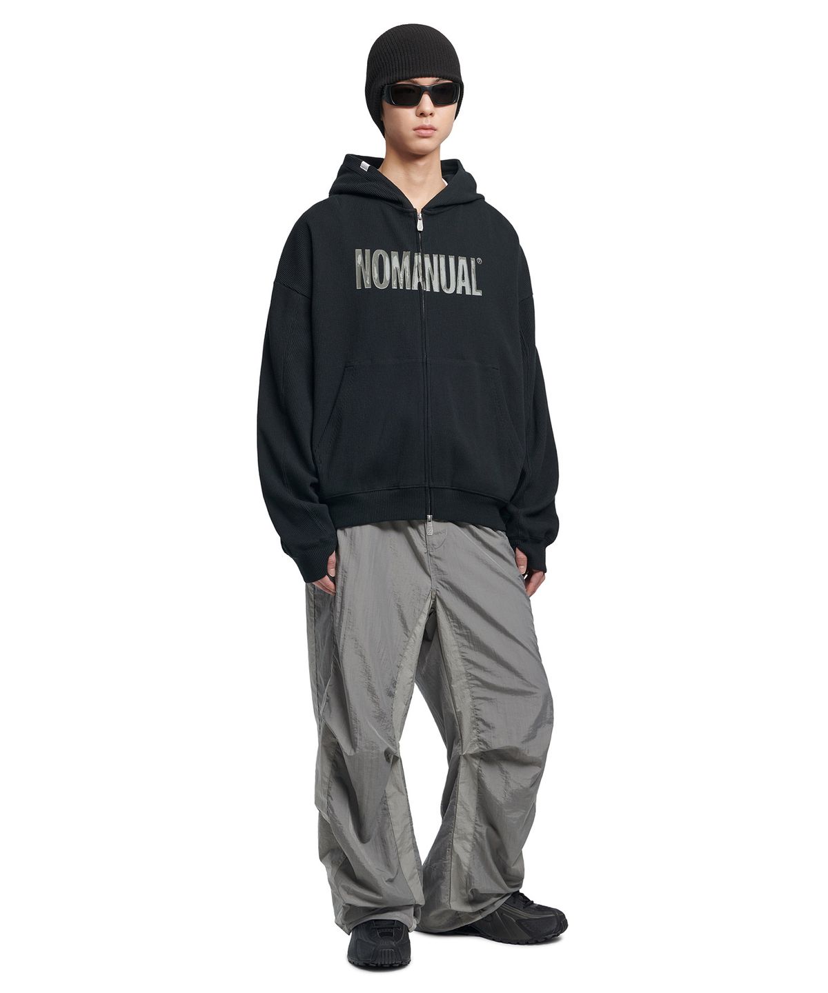 노매뉴얼(NOMANUAL) NM WAFFLE HOODED ZIP-UP - BLACK