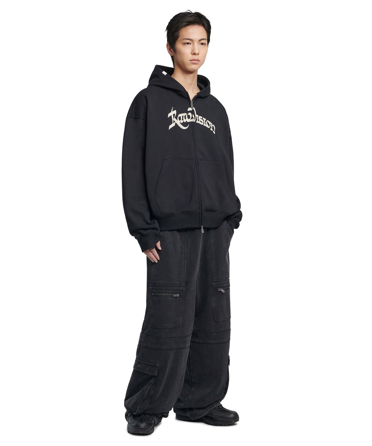 노매뉴얼(NOMANUAL) R.V CHAIN STITCHED HOODED ZIP-UP - BLACK