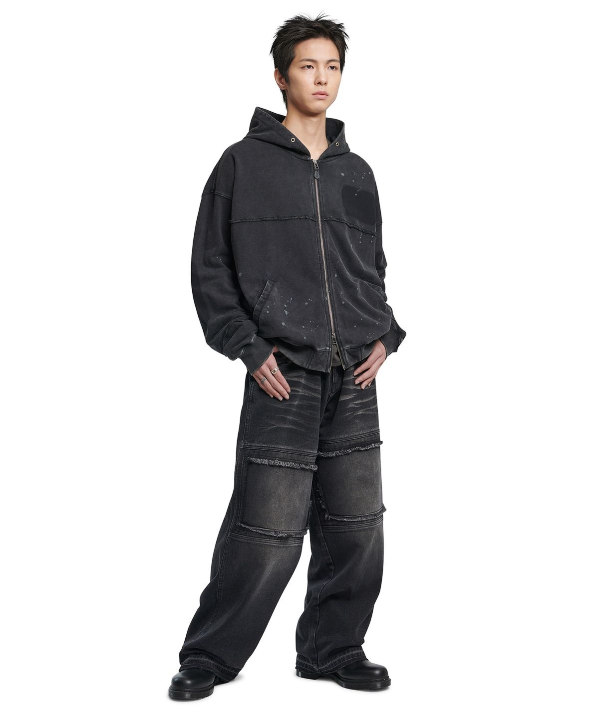노매뉴얼(NOMANUAL) DETACHED PATCH HOODED ZIP-UP - WASHED BLACK