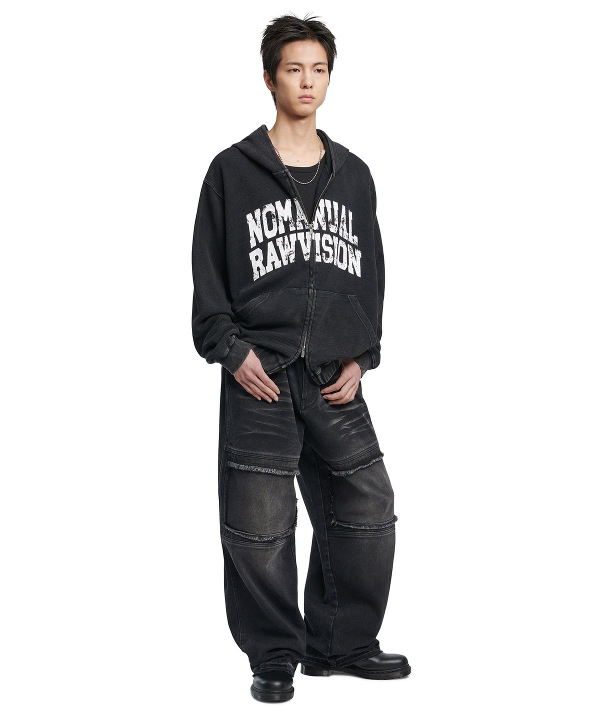 노매뉴얼(NOMANUAL) VINTAGE WAFFLE HOODED ZIP-UP - WASHED BLACK