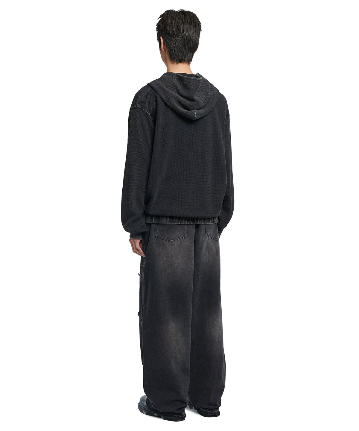 노매뉴얼(NOMANUAL) VINTAGE WAFFLE HOODED ZIP-UP - WASHED BLACK