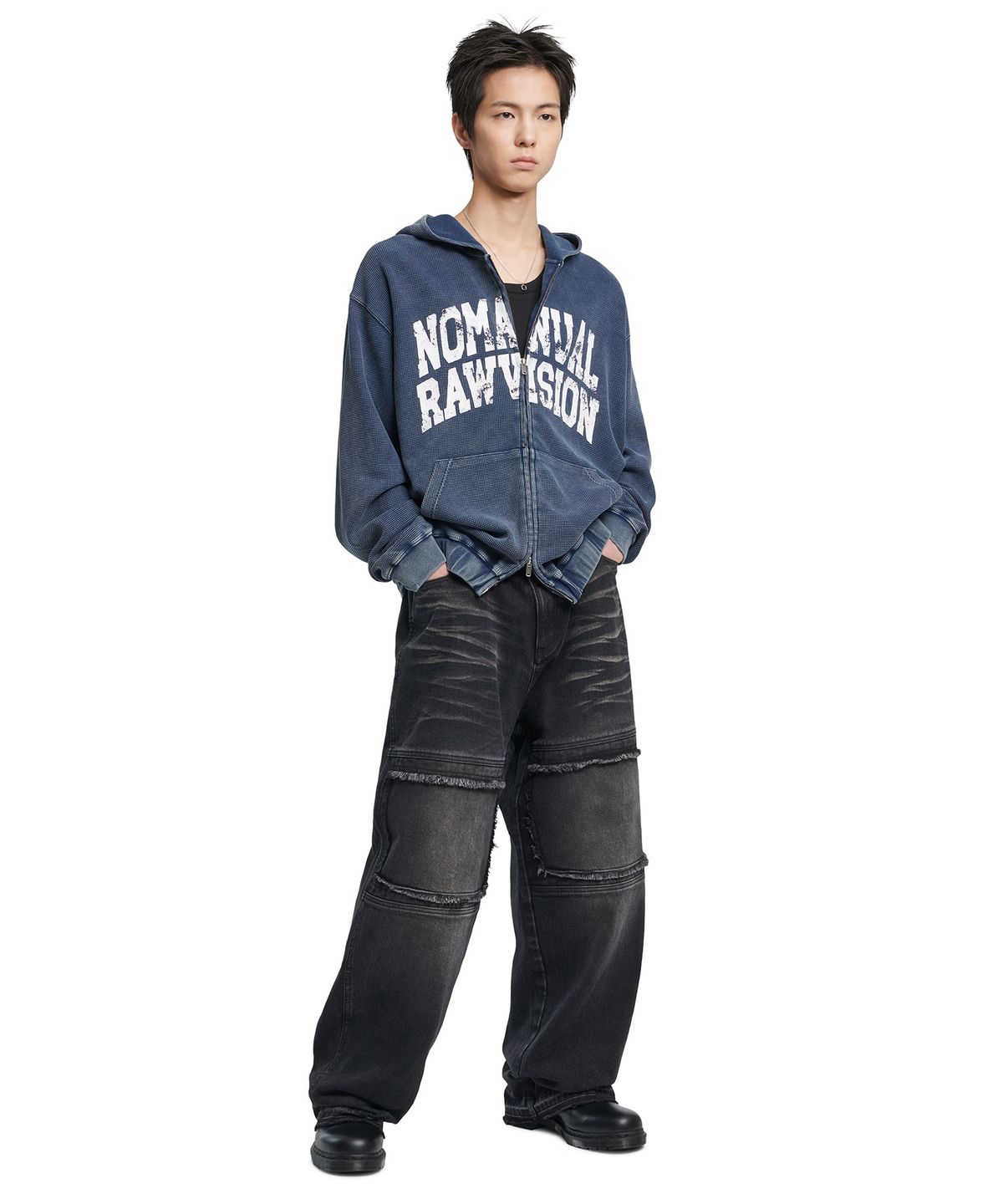 노매뉴얼(NOMANUAL) VINTAGE WAFFLE HOODED ZIP-UP - WASHED NAVY