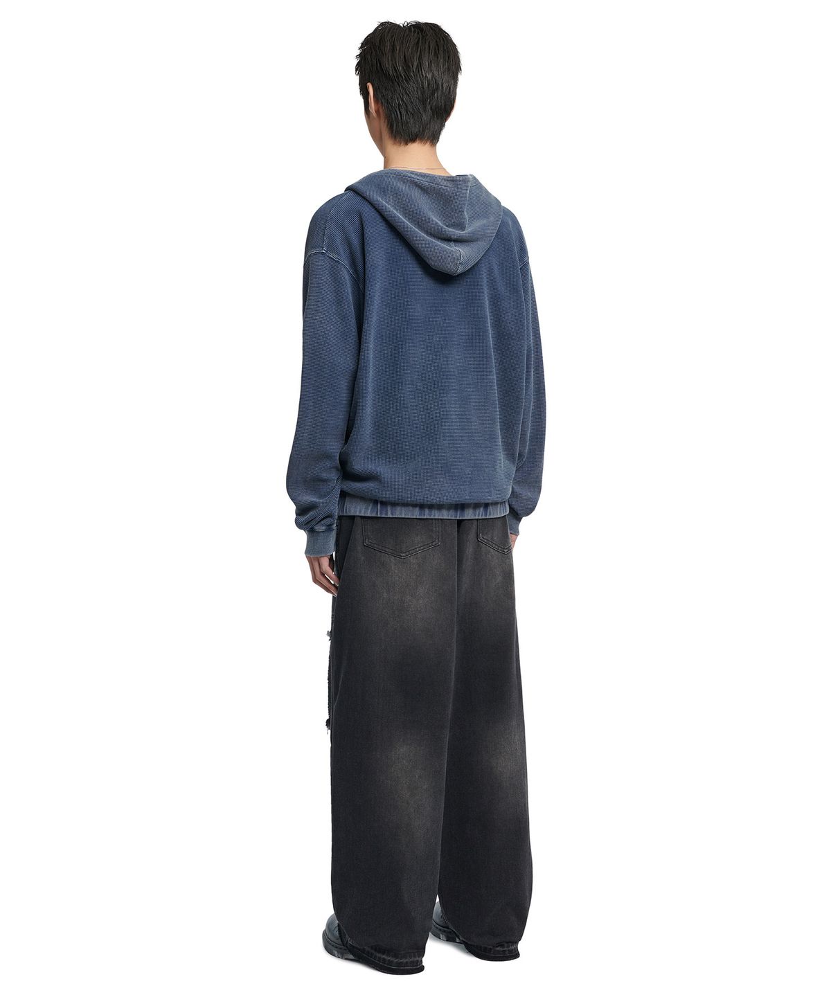 노매뉴얼(NOMANUAL) VINTAGE WAFFLE HOODED ZIP-UP - WASHED NAVY