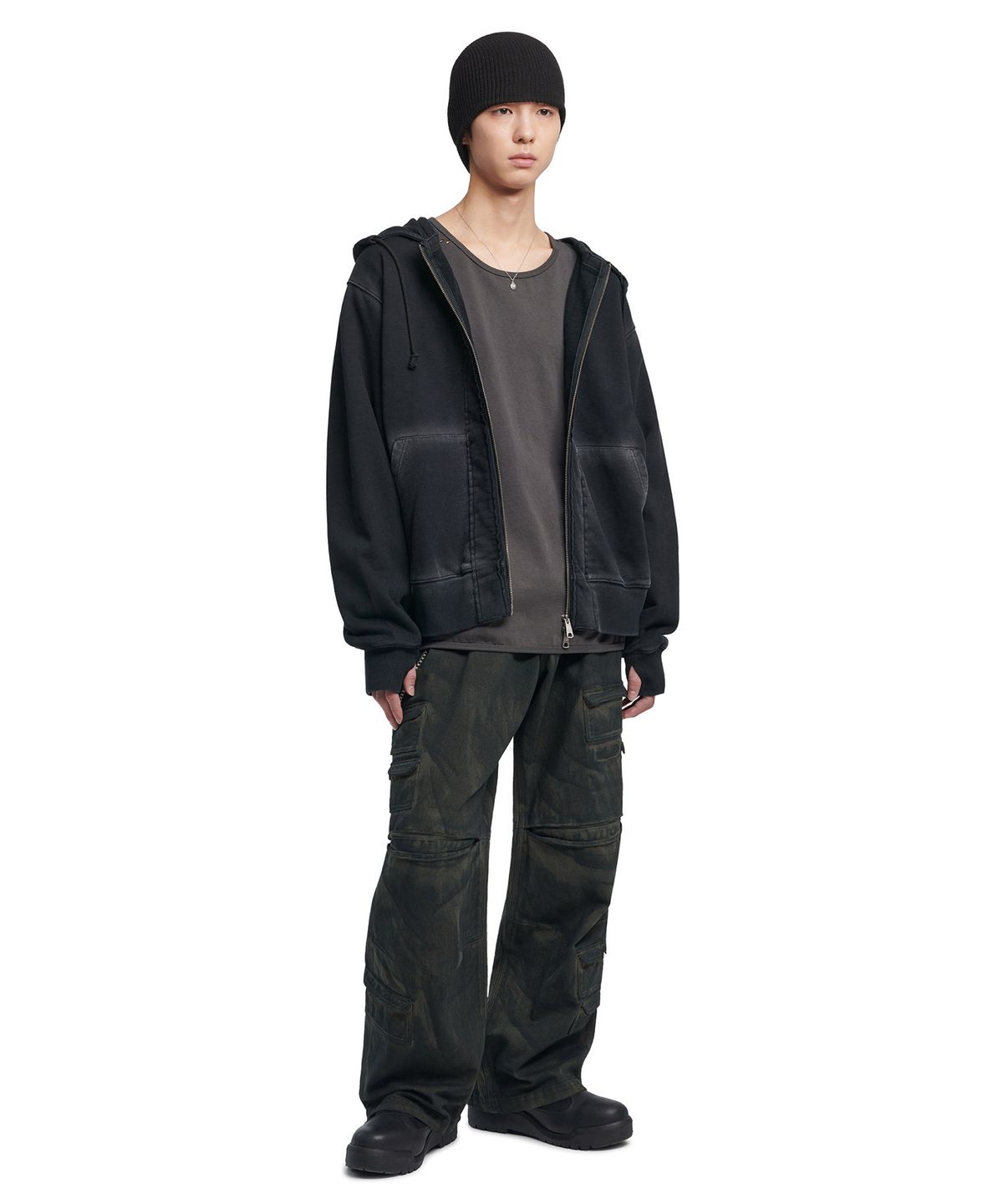 노매뉴얼(NOMANUAL) AFTER HOODED ZIP-UP - WASHED BLACK