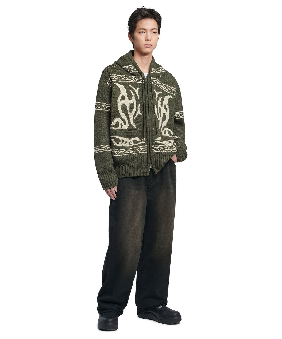 노매뉴얼(NOMANUAL) COWICHAN HOODED ZIP-UP - KHAKI