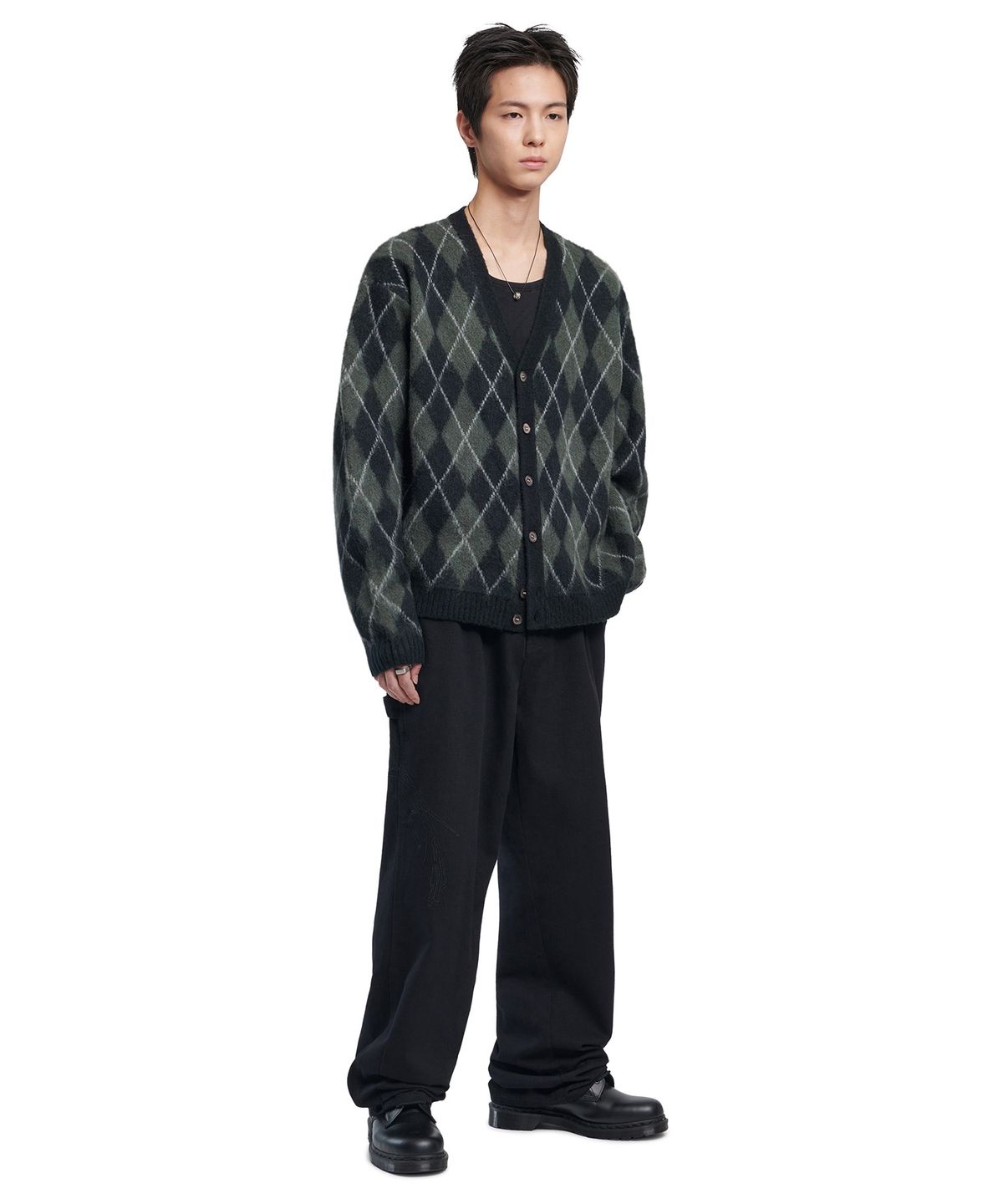 노매뉴얼(NOMANUAL) ARGYLE HAIRY CARDIGAN - KHAKI