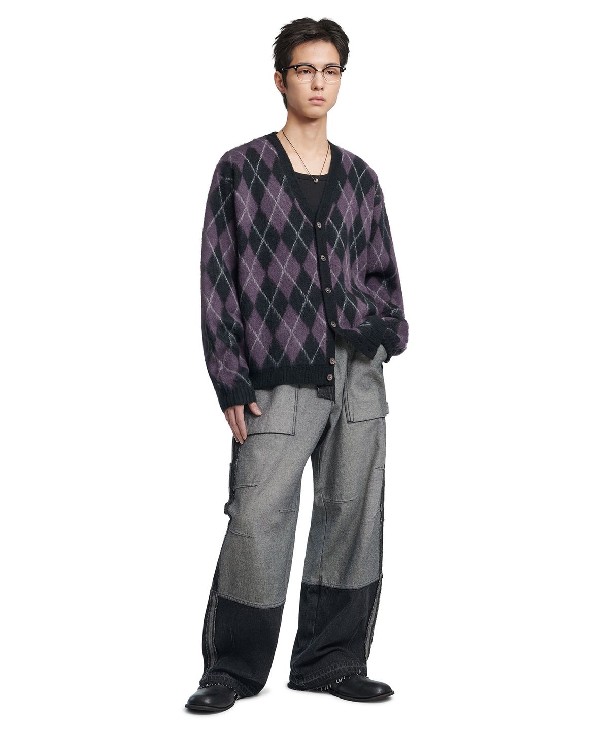 노매뉴얼(NOMANUAL) ARGYLE HAIRY CARDIGAN - PURPLE
