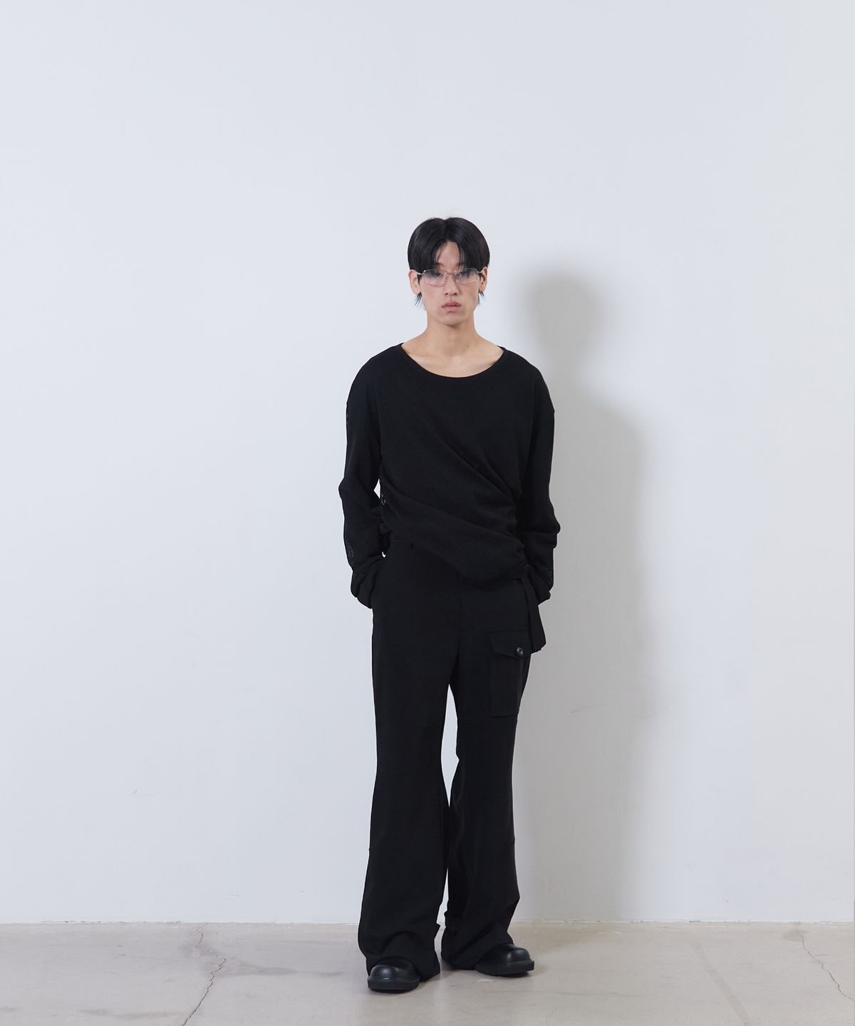 떼마(THEMA) belted stained flare pants (black)