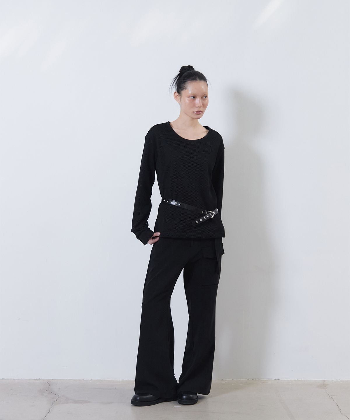 떼마(THEMA) belted stained flare pants (black)