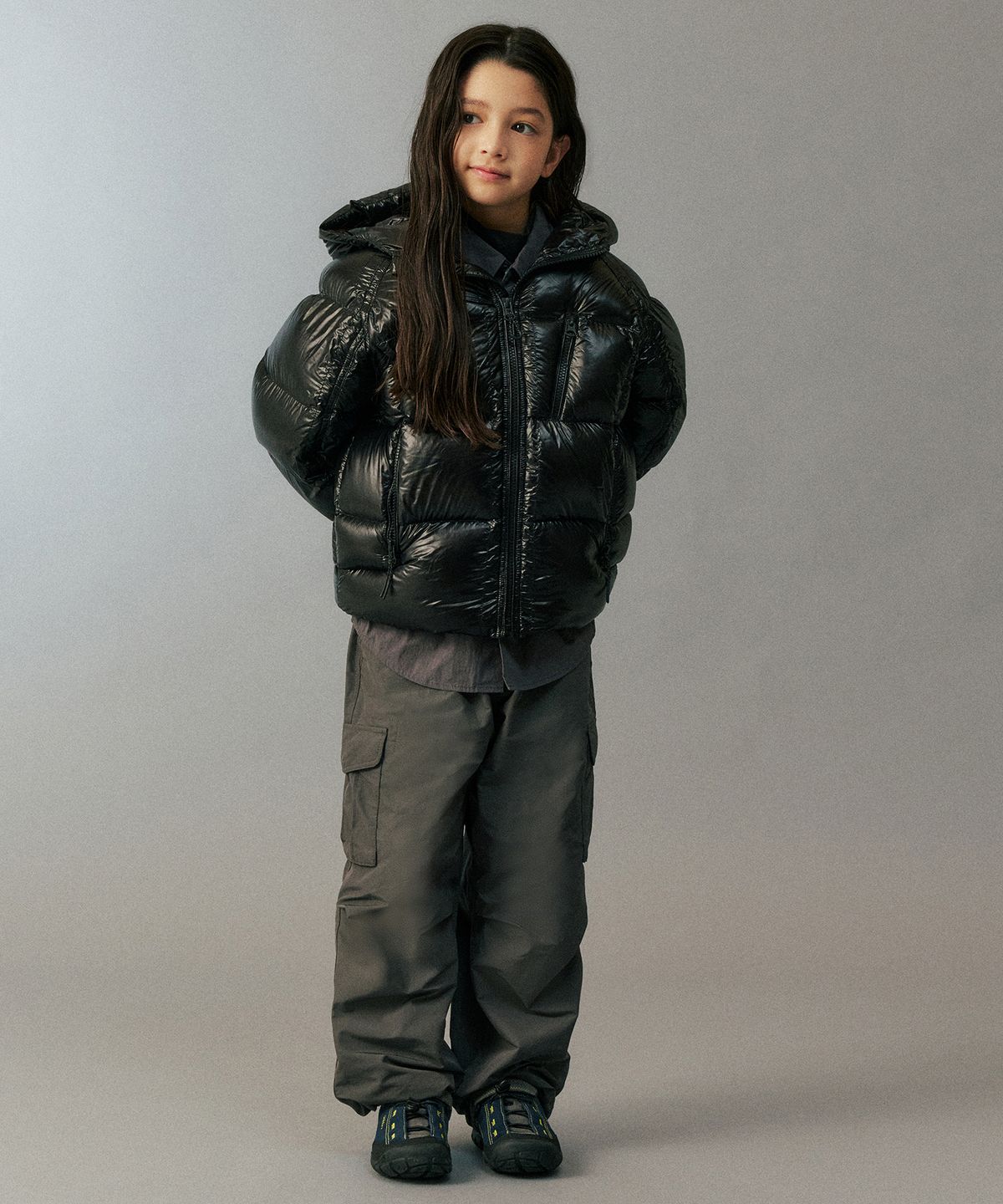 무신사 스탠다드 키즈(MUSINSA STANDARD KIDS) [시티 레저] 시어 립스탑 후디드 다운 숏 패딩 재킷 [블랙]