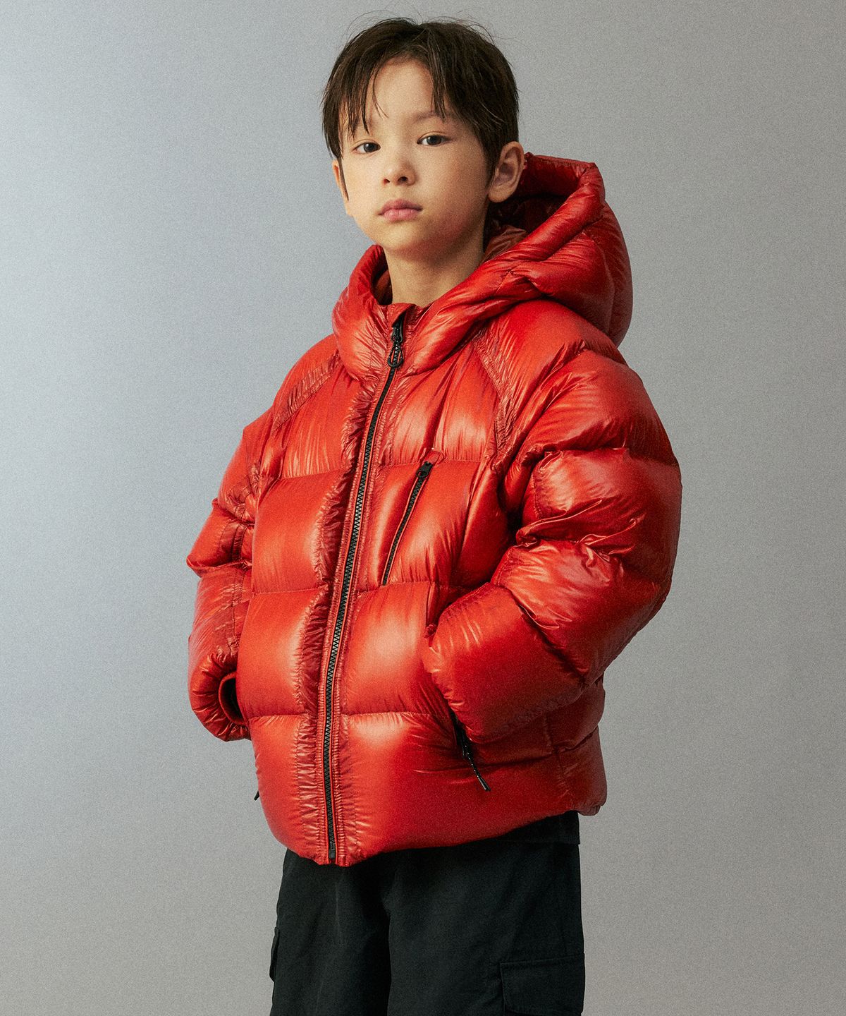무신사 스탠다드 키즈(MUSINSA STANDARD KIDS) [시티 레저] 시어 립스탑 후디드 다운 숏 패딩 재킷 [오렌지]