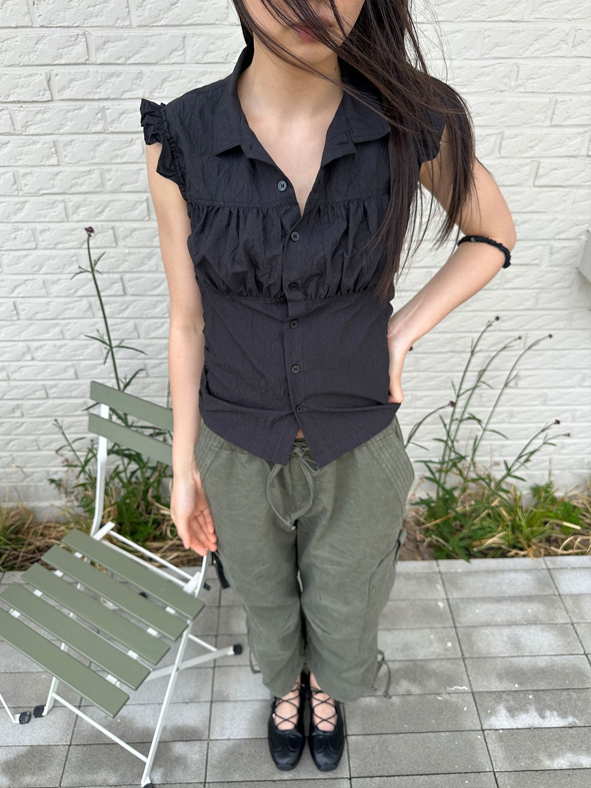 리게(RIGHE) FRILL SHIRT TOP BLACK
