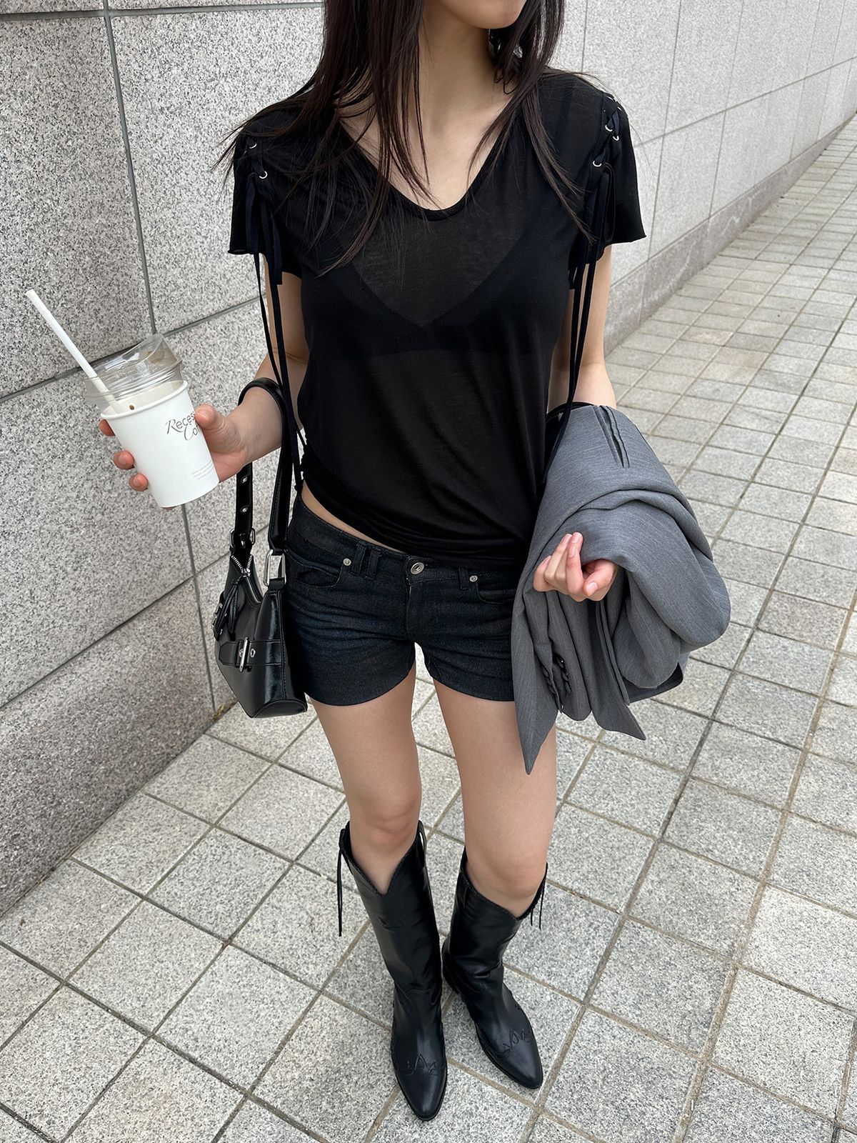 리게(RIGHE) SEETHROUGH SLIM LINE TSHIRT BLACK