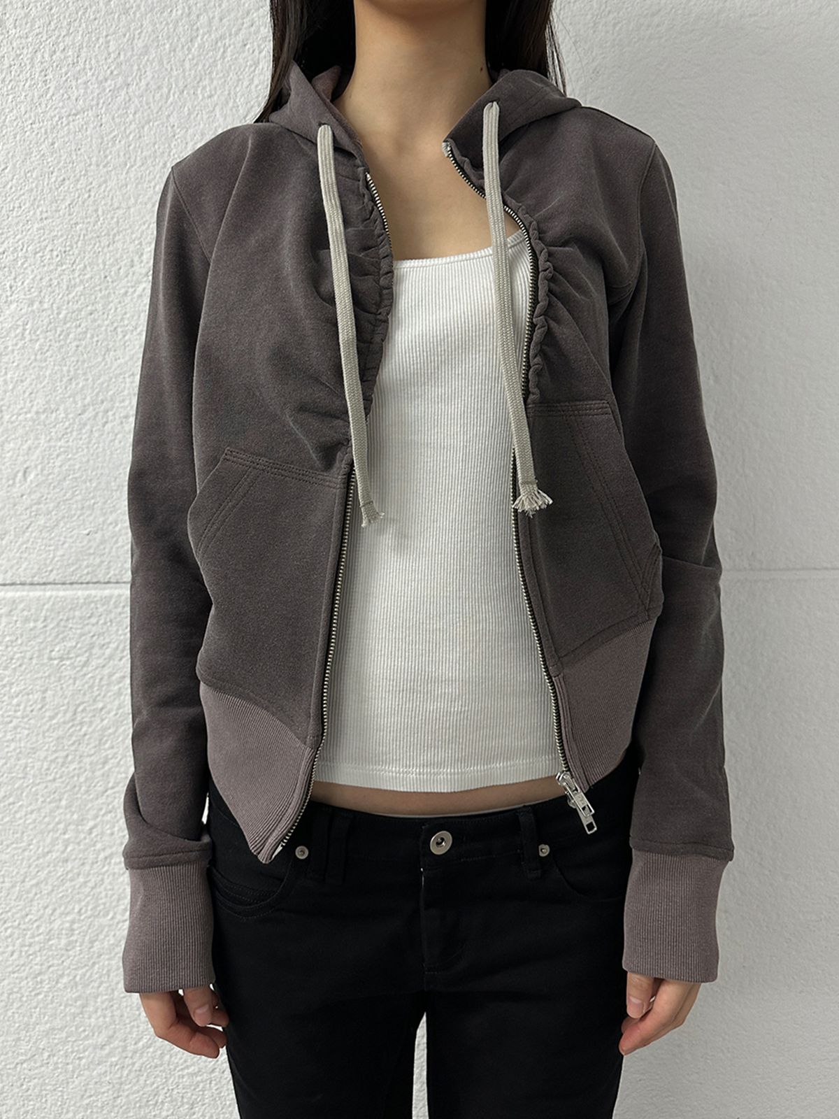 리게(RIGHE) UNBALANCE HOODED ZIP-UP WINEBROWN