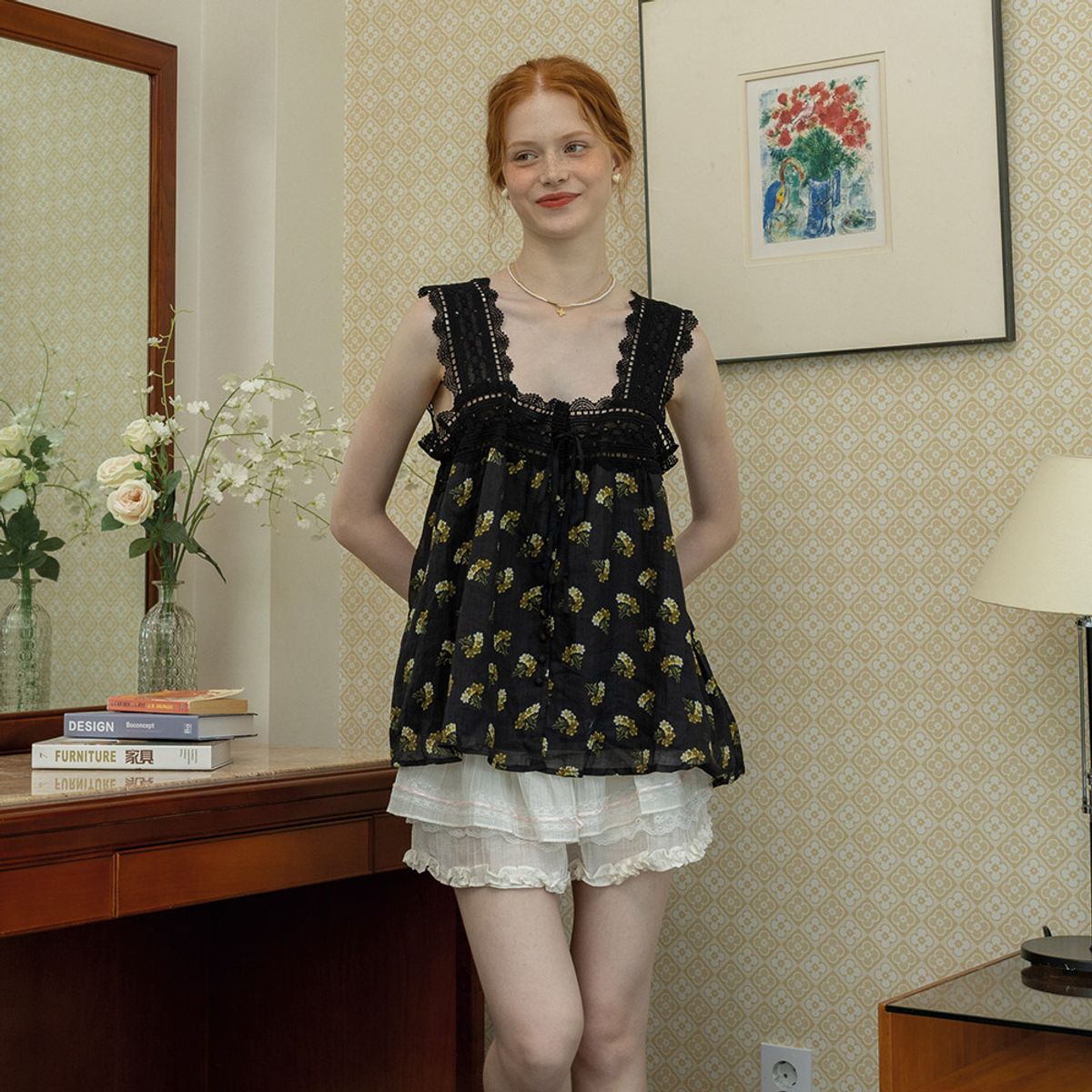 던드롭(DUNDROP) DD_Ribbon lace hem top_BLACK