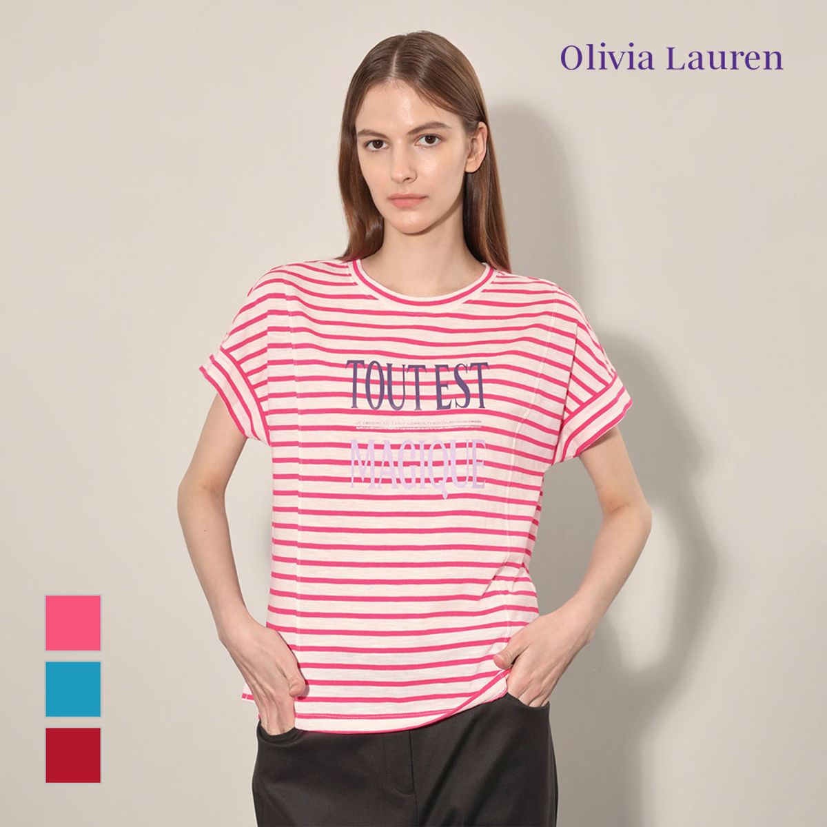 올리비아로렌(OLIVIALAUREN) 스트라이프 레터링 티셔츠_VOBAS4F7111