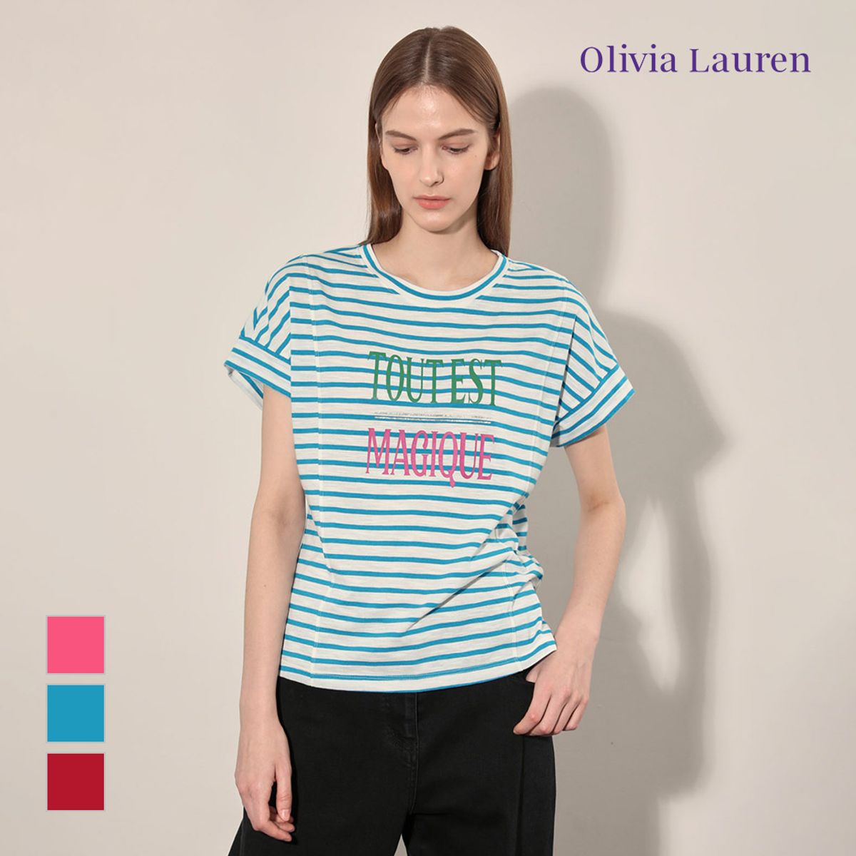 올리비아로렌(OLIVIALAUREN) 스트라이프 레터링 티셔츠_VOBAS4F7111