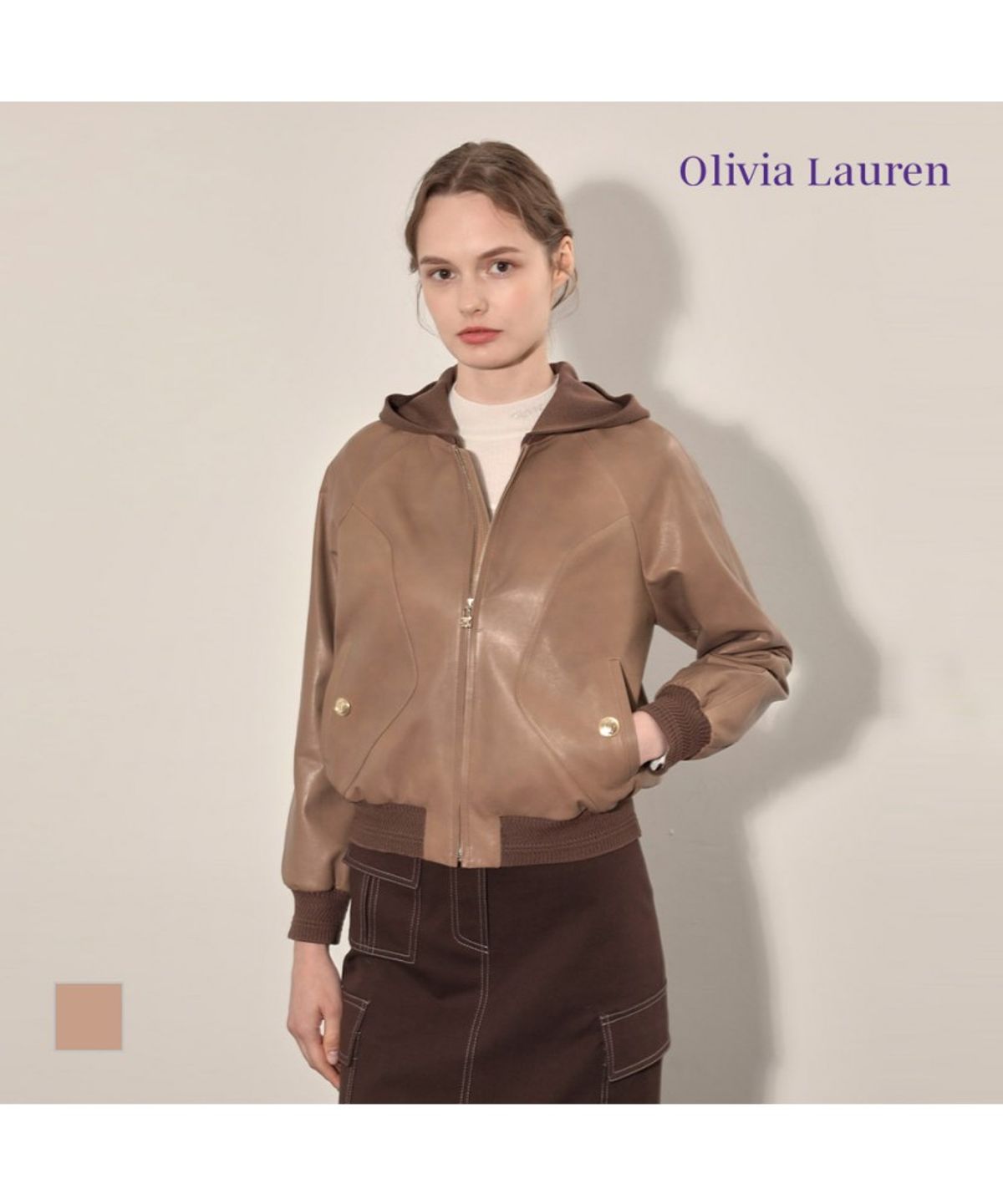 올리비아로렌(OLIVIALAUREN) 후드 리얼 가죽 점퍼_VOBJN4F8151