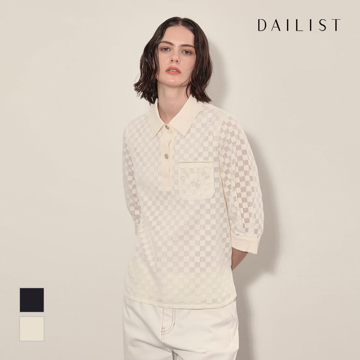 데일리스트(DAILIST) 티에리 배색 블라우스_MDENL4F6171