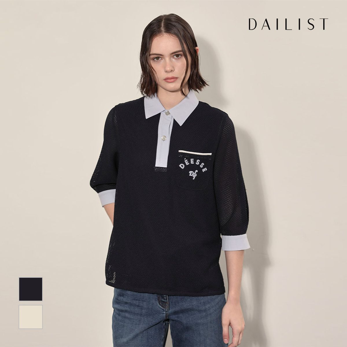 데일리스트(DAILIST) 티에리 배색 블라우스_MDENL4F6171