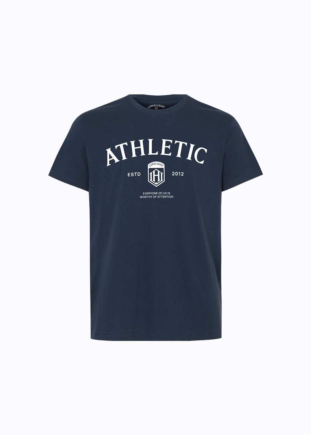 라임라잇 어패럴(LIMELIGHT APPAREL) 애슬릿 스탠다드 핏 애슬레틱 로고 티셔츠 (네이비/화이트)