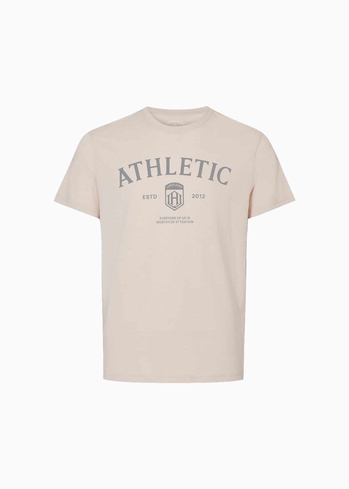 라임라잇 어패럴(LIMELIGHT APPAREL) 애슬릿 스탠다드 핏 애슬레틱 로고 티셔츠 (샌드/그레이)