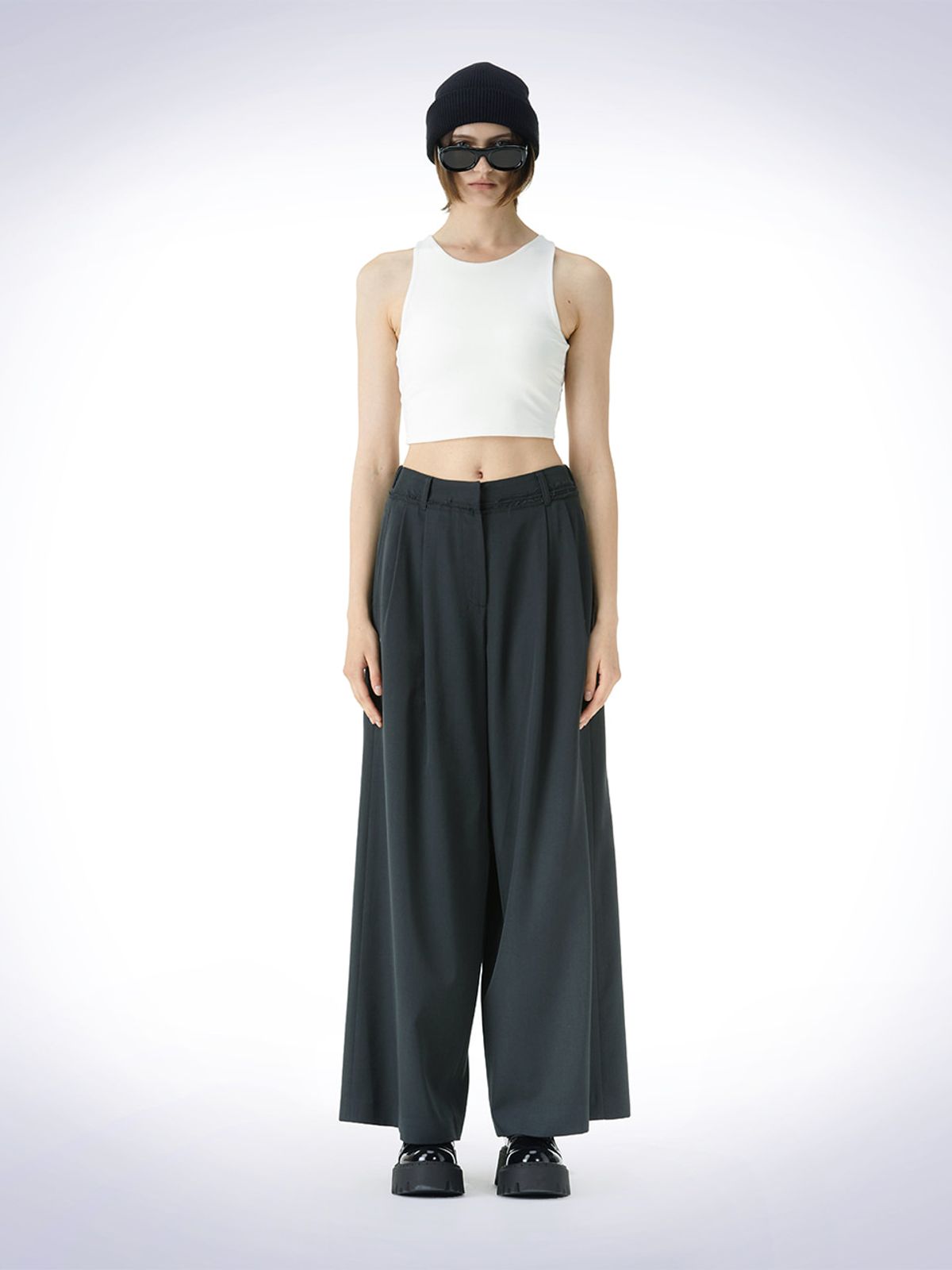 하우스공칠이씨(HAUS072C) WAIST DETAIL WIDE WOOL PANTS DARK GREEN