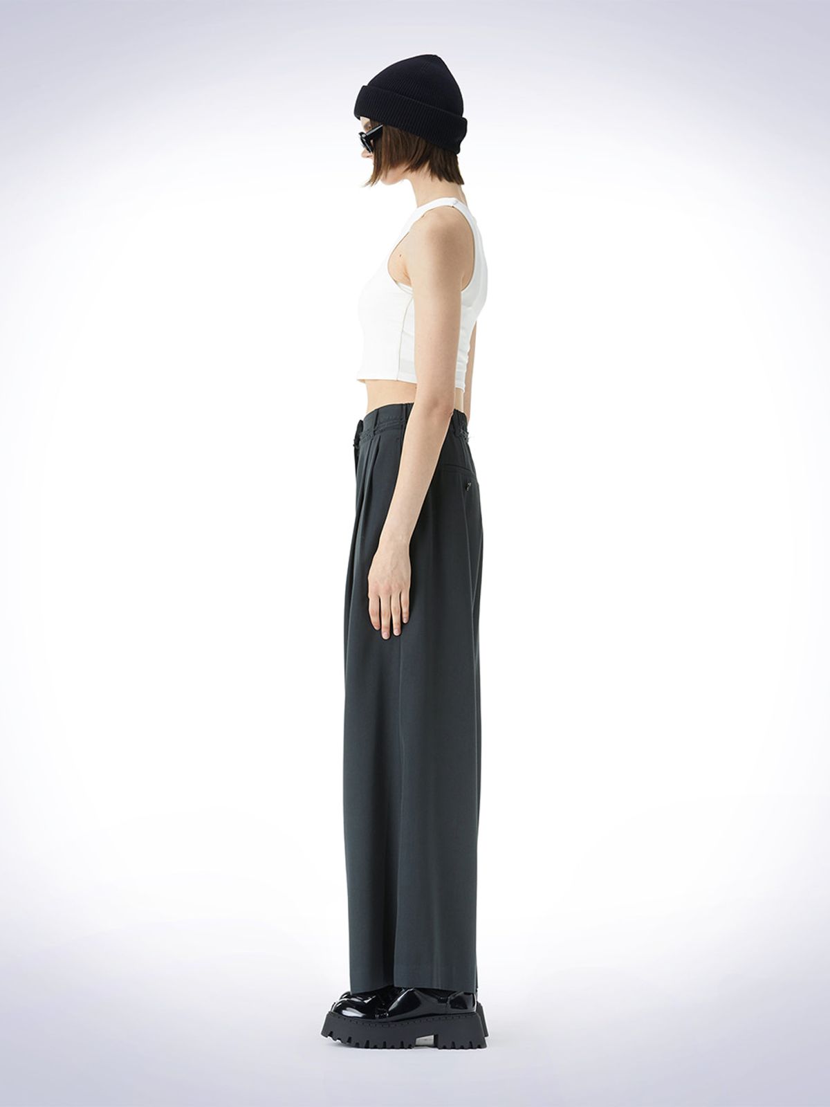 하우스공칠이씨(HAUS072C) WAIST DETAIL WIDE WOOL PANTS DARK GREEN