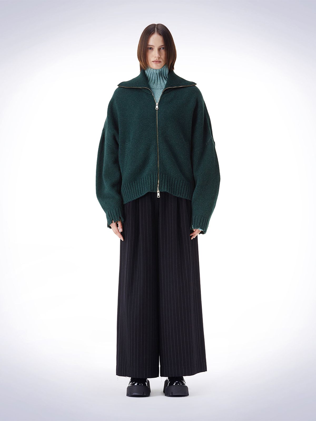 하우스공칠이씨(HAUS072C) DAMAGE HIGH-NECK KNIT CARDIGAN  DARK GREEN