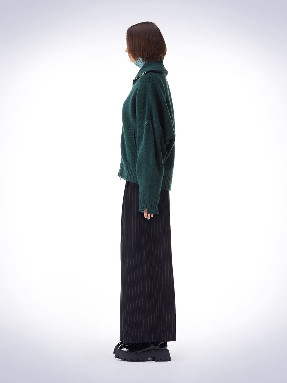 하우스공칠이씨(HAUS072C) DAMAGE HIGH-NECK KNIT CARDIGAN  DARK GREEN
