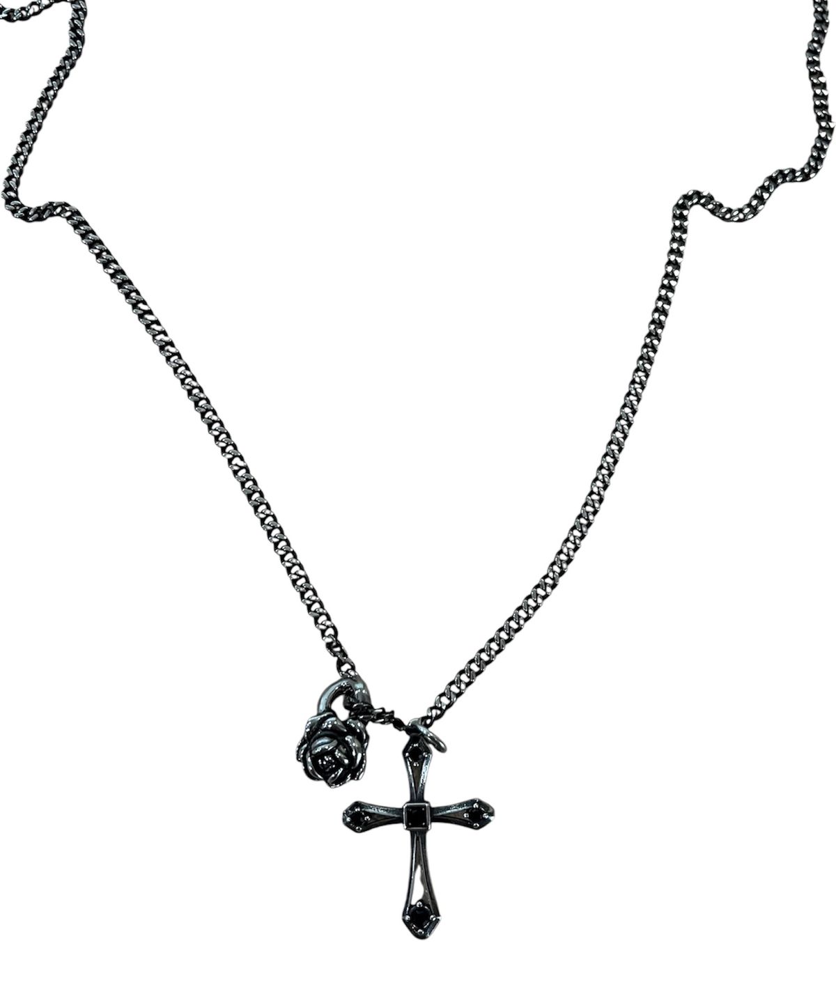 스케이터락(SK8ER ROCK) Cross And Rose Vintage Chain Necklace ((antique steel))
