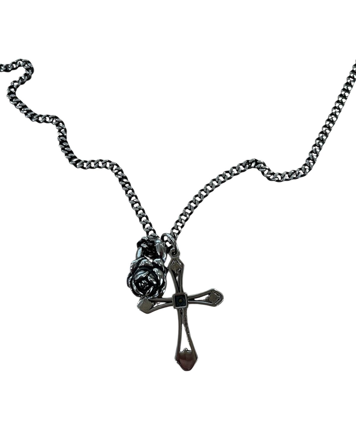 스케이터락(SK8ER ROCK) Cross And Rose Vintage Chain Necklace ((antique steel))
