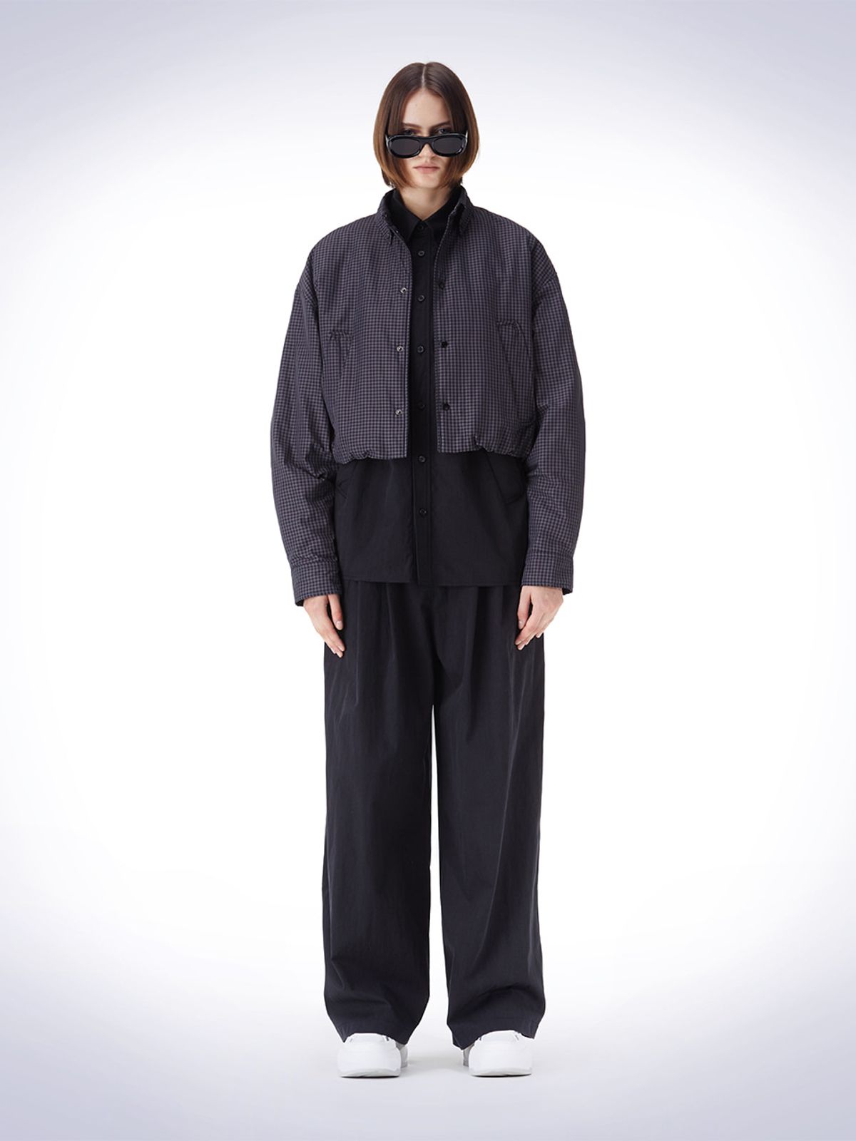 하우스공칠이씨(HAUS072C) CROP PADDING CHECK JACKET NAVY