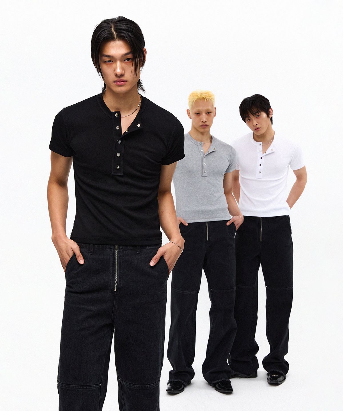 모어댄블랙(MORE THAN BLACK) CUT OFF SNAP HALF SLEEVE - GERY