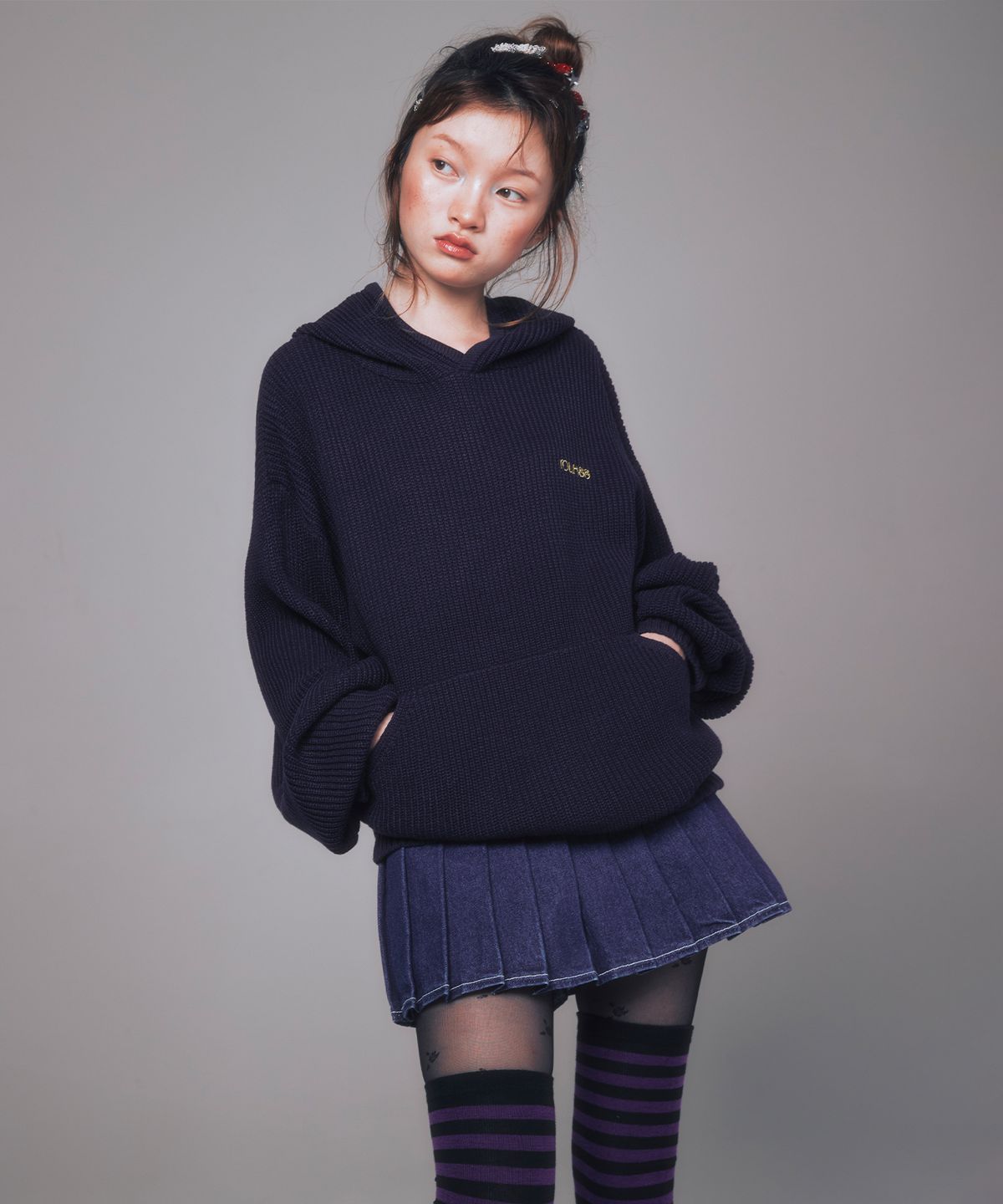 유희(YOUHEE) STAR KNIT HOODIE NAVY