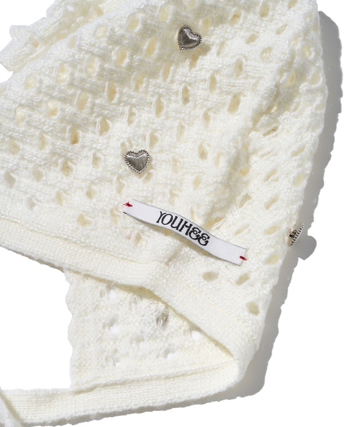 유희(YOUHEE) HEART CROCHET BONNET HAT WHITE