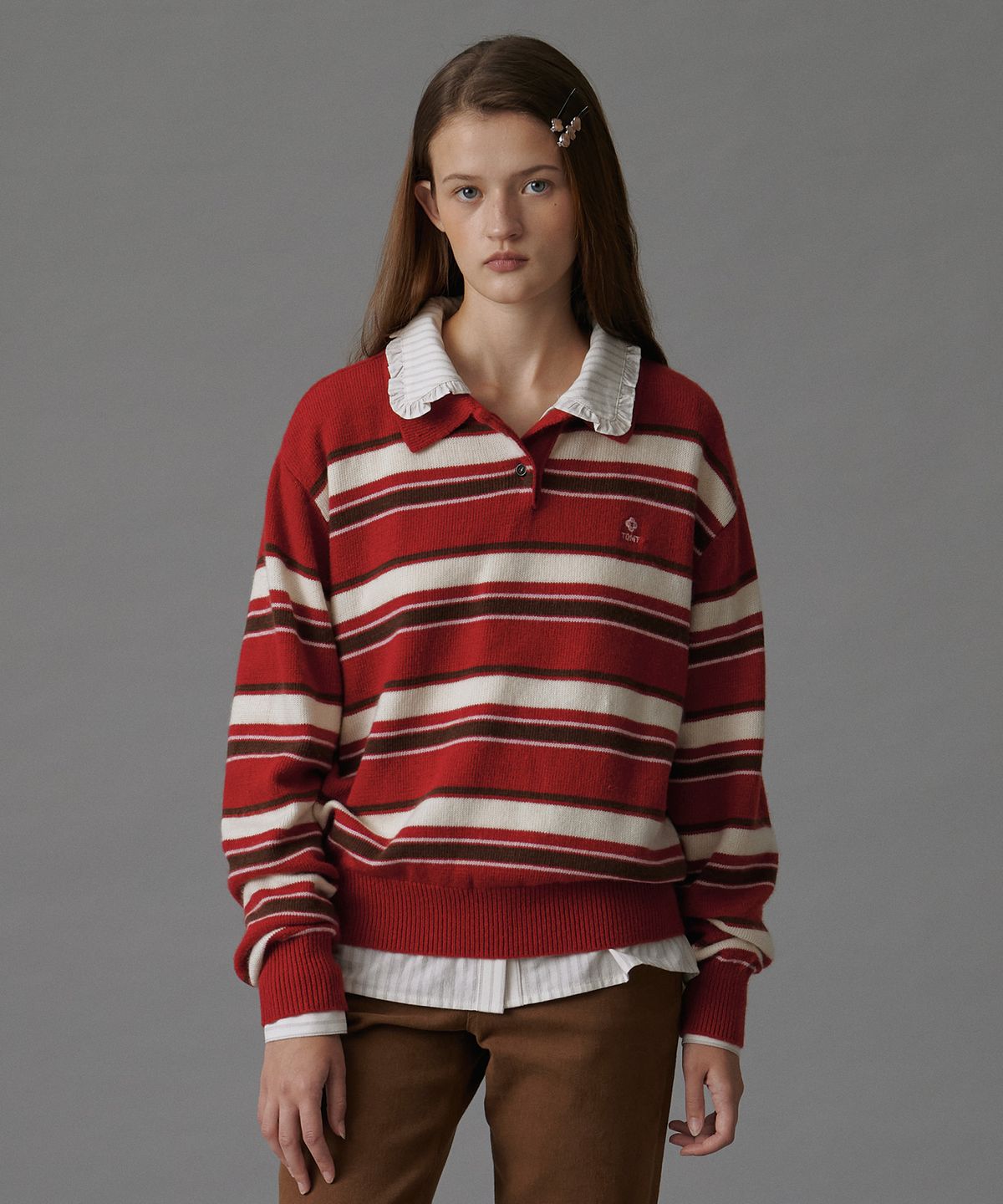 튜드먼트(TTUDEMENT) RETRO STRIPE POLO KNIT RED