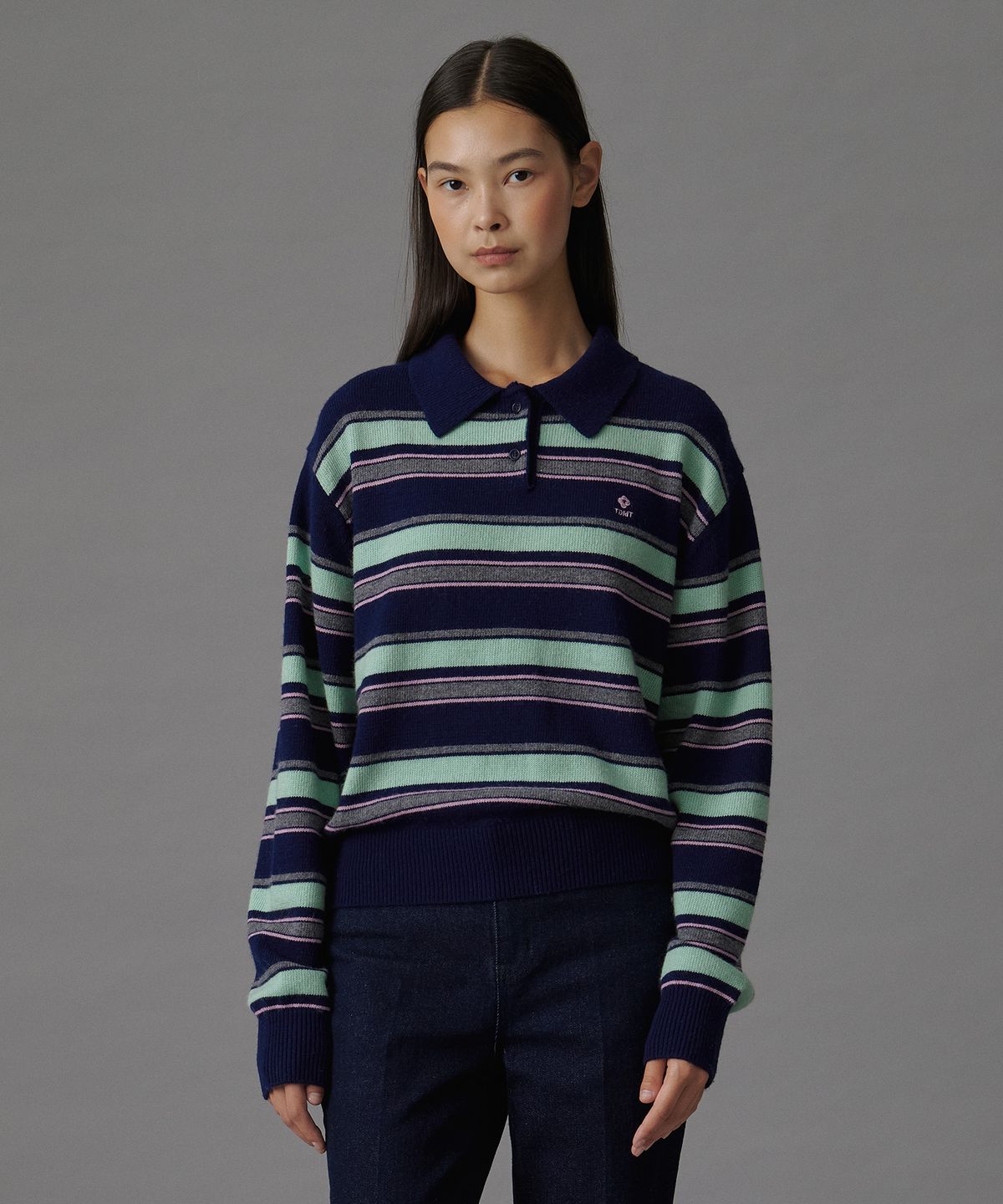 튜드먼트(TTUDEMENT) RETRO STRIPE POLO KNIT NAVY